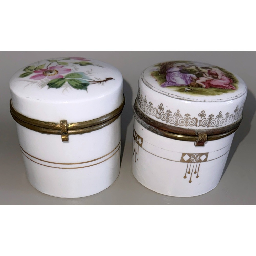 Pair Art Deco Porcelain Hinged Trinket Boxes Wild Rose Angelica Kauffman Scene